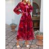 ZESICA Women’s Spring Floral Long Sleeve Maxi Dresses 2026 Casual Button Belted Chiffon Boho Wedding Guest Party Dress(Red)