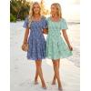 ZESICA Women’s Summer Boho Floral Mini Dress 2026 Casual Short Sleeve Square Neck Swing Beach Vacation Sundress(Dusty Blue)