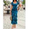 ZESICA Women’s Summer Floral Bodycon Maxi Dress 2026 Square Neck Mesh Ruffle Elegant Cocktail Wedding Party Long Dresses(Blue)