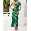 ZESICA Women’s Summer Floral Bodycon Maxi Dress 2026 Square Neck Mesh Ruffle Elegant Cocktail Wedding Party Long Dresses(Green)