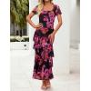 ZESICA Women’s Summer Floral Bodycon Maxi Dress 2026 Square Neck Mesh Ruffle Elegant Cocktail Wedding Party Long Dresses(Purple)