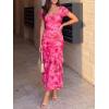 ZESICA Women’s Summer Floral Bodycon Maxi Dress 2026 Square Neck Mesh Ruffle Elegant Cocktail Wedding Party Long Dresses(Rose)