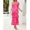 ZESICA Women’s Summer Floral Bodycon Maxi Dress 2026 Square Neck Mesh Ruffle Elegant Cocktail Wedding Party Long Dresses(Rose)