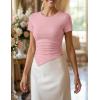 ZESICA Women’s Summer Going Out Ruched Tops 2026 Dressy Casual Short Sleeve Ribbed Asymmetrical Shirts(Pink)