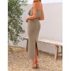 ZESICA Womens Summer Off Shoulder Bodycon Midi Dress 2026 Spring Strapless Ruffle Knit Split Cocktail Party Long Dresses(Khaki)