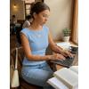 ZESICA Women’s Summer Ruched Trendy Tank Top 2026 Cap Sleeve Boat Neck Slim Fit Spring Tops Going Out Tee Shirts Fashion(Blue)