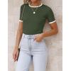 ZESICA Women’s Summer Short Sleeve Ribbed Knit Slim Fit T Shirt 2026 Crewneck Basic Casual Color Block Tee Tops(Armygreen)