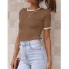 ZESICA Women’s Summer Short Sleeve Ribbed Knit Slim Fit T Shirt 2026 Crewneck Basic Casual Color Block Tee Tops(Brown)