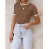 ZESICA Women’s Summer Short Sleeve Ribbed Knit Slim Fit T Shirt 2026 Crewneck Basic Casual Color Block Tee Tops(Brown)