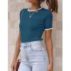 ZESICA Women’s Summer Short Sleeve Ribbed Knit Slim Fit T Shirt 2026 Crewneck Basic Casual Color Block Tee Tops(Navy)