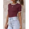 ZESICA Women’s Summer Short Sleeve Ribbed Knit Slim Fit T Shirt 2026 Crewneck Basic Casual Color Block Tee Tops(Redwine)