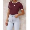 ZESICA Women’s Summer Short Sleeve Ribbed Knit Slim Fit T Shirt 2026 Crewneck Basic Casual Color Block Tee Tops(Redwine)