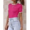 ZESICA Women’s Summer Short Sleeve Ribbed Knit Slim Fit T Shirt 2026 Crewneck Basic Casual Color Block Tee Tops(Rose)