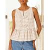 ZESICA Women’s Summer Sleeveless Gingham Tank Tops 2026 Crewneck Tie Front Top Loose Ruffle Peplum Babydoll Blouses(Beige)