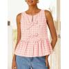 ZESICA Women’s Summer Sleeveless Gingham Tank Tops 2026 Crewneck Tie Front Top Loose Ruffle Peplum Babydoll Blouses(Pink)