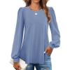 ZESICA Long Sleeve Eyelet Tops for Womens Crew Neck Spring Shirts Casual Loose Blouses 2026 Trendy Clothes(Blue)