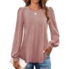ZESICA Long Sleeve Eyelet Tops for Womens Crew Neck Spring Shirts Casual Loose Blouses 2026 Trendy Clothes(Dusty Pink)
