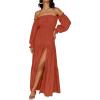 ZESICA Women’s 2026 Boho Sexy Off Shoulder Long Sleeve Smocked High Waist Side Split Flowy A Line Tiered Long Maxi Dress(Rust)
