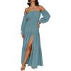 ZESICA Women’s 2026 Boho Sexy Off Shoulder Long Sleeve Smocked High Waist Side Split Flowy A Line Tiered Long Maxi Dress(Teal)