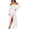 ZESICA Women’s 2026 Boho Sexy Off Shoulder Long Sleeve Smocked High Waist Side Split Flowy A Line Tiered Long Maxi Dress(White)