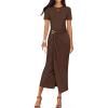 ZESICA Women’s 2026 Summer Short Sleeve Bodycon Midi Dress Crewneck Ruched Split Wedding Guest Cocktail Wrap Dresses(Coffee)