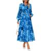 ZESICA Women’s Spring Floral Long Sleeve Maxi Dresses 2026 Casual Button Belted Chiffon Boho Wedding Guest Party Dress(Blue)