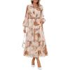 ZESICA Women’s Spring Floral Long Sleeve Maxi Dresses 2026 Casual Button Belted Chiffon Boho Wedding Guest Party Dress(Brown)
