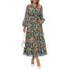 ZESICA Women’s Spring Floral Long Sleeve Maxi Dresses 2026 Casual Button Belted Chiffon Boho Wedding Guest Party Dress(Green)
