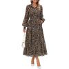 ZESICA Women’s Spring Floral Long Sleeve Maxi Dresses 2026 Casual Button Belted Chiffon Boho Wedding Guest Party Dress(Leopard)
