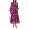 ZESICA Women’s Spring Floral Long Sleeve Maxi Dresses 2026 Casual Button Belted Chiffon Boho Wedding Guest Party Dress(Purple)