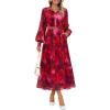 ZESICA Women’s Spring Floral Long Sleeve Maxi Dresses 2026 Casual Button Belted Chiffon Boho Wedding Guest Party Dress(Red)