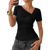 ZESICA Womens Summer Asymmetrical T Shirts Ruched Fitted Short Sleeve Y2K Going Out Tops 2026 Spring Fashion Vacation Outfits(Black)