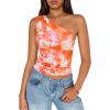 ZESICA Womens Summer Floral Going Out Tank Tops 2026 Off Shoulder Slim Fit Y2K Crop Mesh Top Beach Vacation Outfits(Orange)