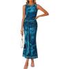ZESICA Women’s Summer Sleeveless Bodycon Dress 2026 Crewneck Ruched Sexy Mesh Wedding Guest Cocktail Party Maxi Dresses(Darkblue)