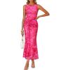 ZESICA Women’s Summer Sleeveless Bodycon Dress 2026 Crewneck Ruched Sexy Mesh Wedding Guest Cocktail Party Maxi Dresses(Rose)
