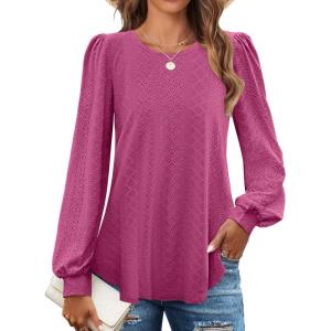 ZESICA Long Sleeve Eyelet Tops for Womens Crew Neck Spring Shirts Casual Loose Blouses 2026 Trendy Clothes(Rosered)