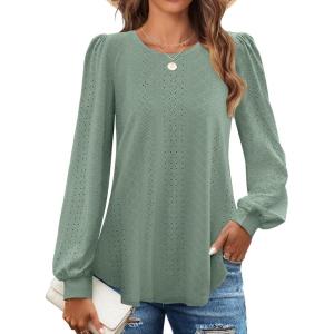 ZESICA Long Sleeve Eyelet Tops for Womens Crew Neck Spring Shirts Casual Loose Blouses 2026 Trendy Clothes(Sage)