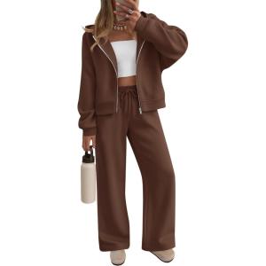 ZESICA Women’s 2 Piece Outfits 2026 Fall Winter Fleece Hoodie Tracksuit Zip Up Sweatshirt Long Sweatpant Matching Set(Brown)