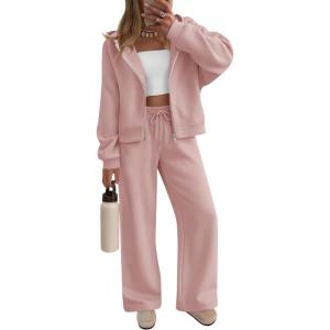 ZESICA Women’s 2 Piece Outfits 2026 Fall Winter Fleece Hoodie Tracksuit Zip Up Sweatshirt Long Sweatpant Matching Set(Darkpink)