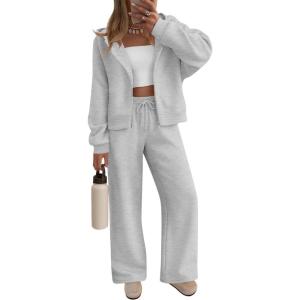 ZESICA Women’s 2 Piece Outfits 2026 Fall Winter Fleece Hoodie Tracksuit Zip Up Sweatshirt Long Sweatpant Matching Set(Grey)