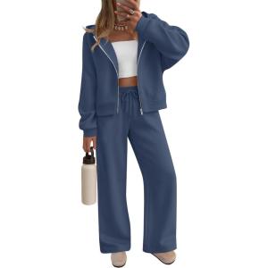 ZESICA Women’s 2 Piece Outfits 2026 Fall Winter Fleece Hoodie Tracksuit Zip Up Sweatshirt Long Sweatpant Matching Set(Navy)