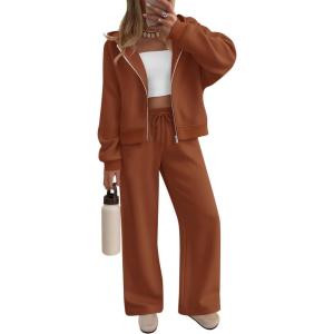 ZESICA Women’s 2 Piece Outfits 2026 Fall Winter Fleece Hoodie Tracksuit Zip Up Sweatshirt Long Sweatpant Matching Set(Rustred)
