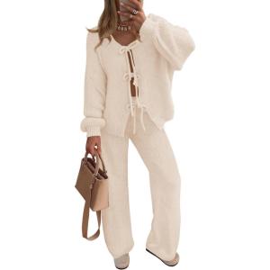 ZESICA Women’s 2 Piece Outfits Lounge Pajama Sets 2026 Fall Long Sleeve Cardigans Wide Leg Pants Matching Winter Clothes(Apricot)
