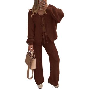 ZESICA Women’s 2 Piece Outfits Lounge Pajama Sets 2026 Fall Long Sleeve Cardigans Wide Leg Pants Matching Winter Clothes(Caramel)
