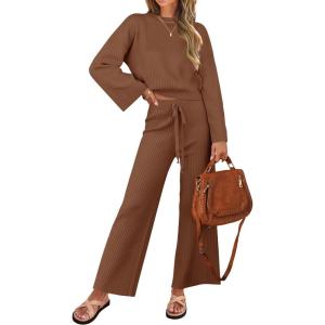 ZESICA Women’s 2 Piece Outfits Set 2026 Casual Long Sleeve Knit Pullover Top and Wide Leg Pants Sweatsuit Lounge Sets(Caramel)