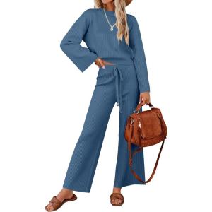 ZESICA Women’s 2 Piece Outfits Set 2026 Casual Long Sleeve Knit Pullover Top and Wide Leg Pants Sweatsuit Lounge Sets(Darkblue)