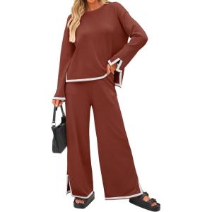 ZESICA Women’s 2 Piece Outfits Set 2026 Casual Long Sleeve Knit Pullover Top and Wide Leg Pants Sweatsuit Lounge Sets(Rust)