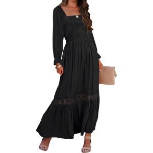 ZESICA Women’s 2026 Boho Long Sleeve Square Neck Smocked High Waist Flowy A Line Lace Trim Maxi Dress(Black)