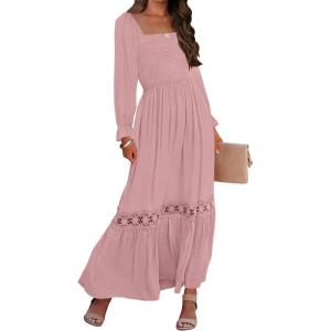 ZESICA Women’s 2026 Boho Long Sleeve Square Neck Smocked High Waist Flowy A Line Lace Trim Maxi Dress(Dark Pink)