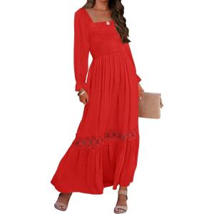 ZESICA Women’s 2026 Boho Long Sleeve Square Neck Smocked High Waist Flowy A Line Lace Trim Maxi Dress(Fire Red)